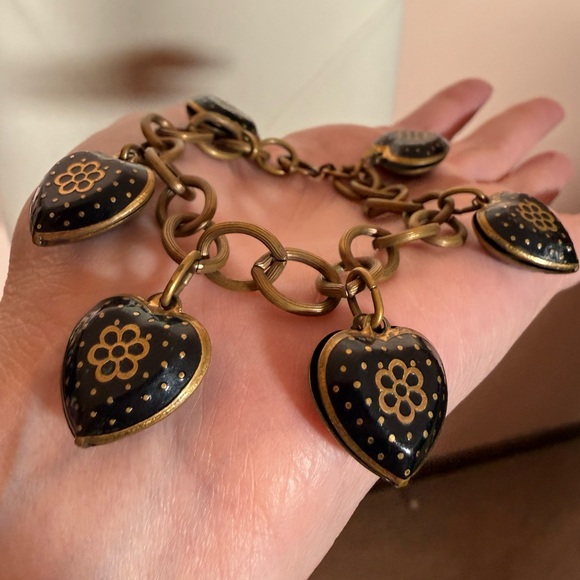 Antique Jewelry - Antique Victorian revival art deco Brass Black enamel Heart Charm bracelet